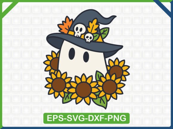 Halloween Ghost with Sunflowers: Graphics & T-Shirt Designs